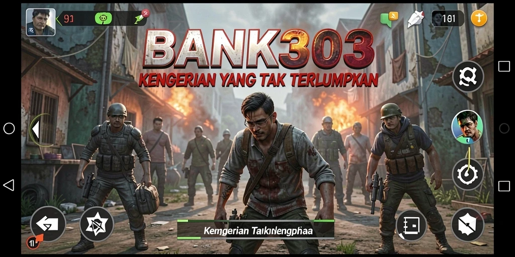 Screenshot menampilkan adegan mencekam dalam game BANK303.