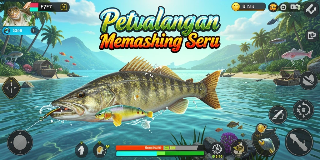 Screenshot F7F7 menampilkan gameplay memancing yang mendebarkan.