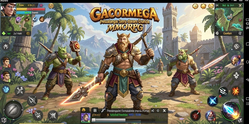 Screenshot utama GACORMEGA menampilkan pertempuran seru dalam MMORPG.