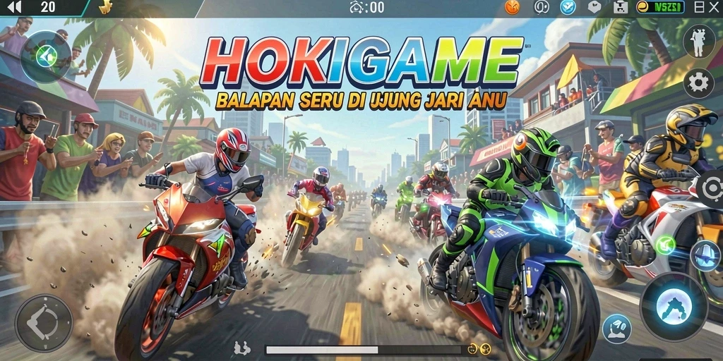 Tampilan gameplay HOKIGAME yang menegangkan di trek balapan.