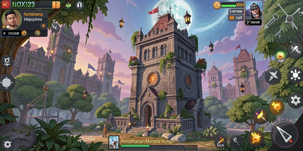 Tangkapan layar gameplay NOX123 dengan pertempuran menara yang intens.