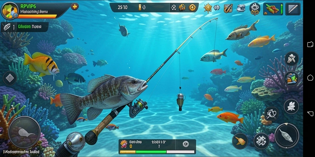 Gameplay RPVIP6 memperlihatkan sensasi memancing di lautan yang nyata.