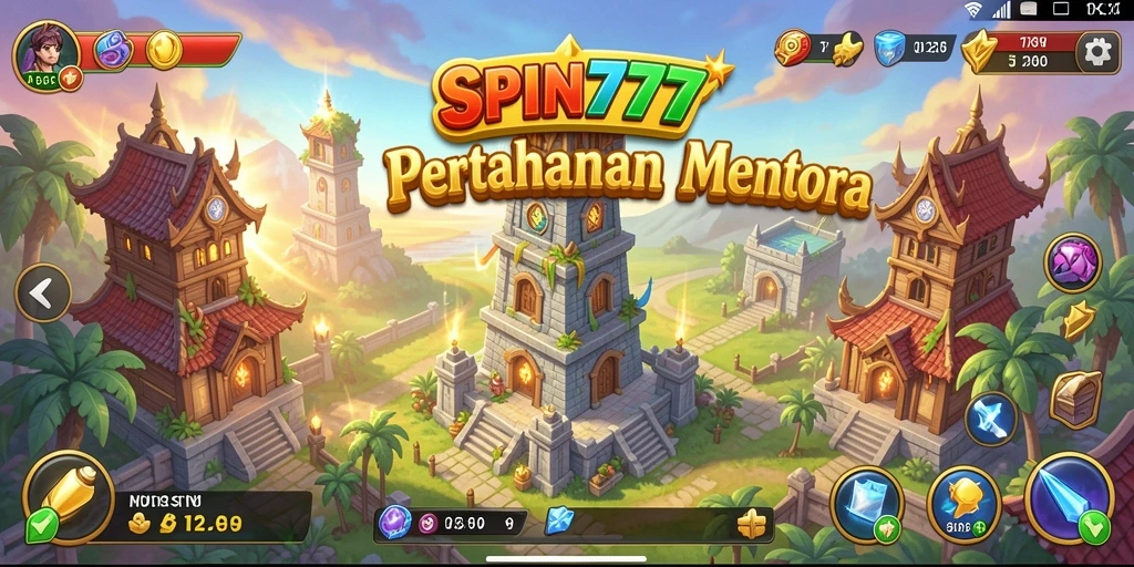 Screenshot gameplay SPIN777 yang menampilkan menara dan musuh dalam aksi.