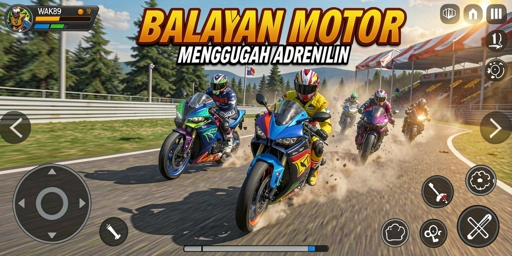 Tangkapan layar utama WAK89 menampilkan aksi balap motor yang sangat intens.